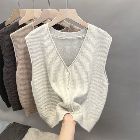 马甲 V领纯色针织背心女2023新款坎肩上衣春日造型感叠穿无袖开衫图片