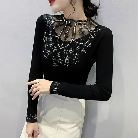 性感网纱拼接长袖T恤女洋气加绒打底衫秋冬重工烫钻名媛气质上衣商品大图