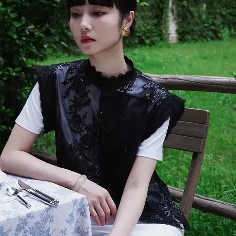 黑色蕾丝马甲女款2023秋新款原创设计改良马夹外搭新中式上衣洋气商品大图