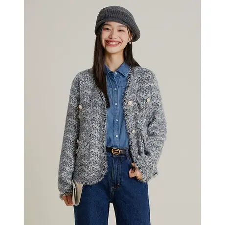 弥古灰色外套女气质秋上衣2023新款高级感法式小香风毛呢针织开衫商品大图