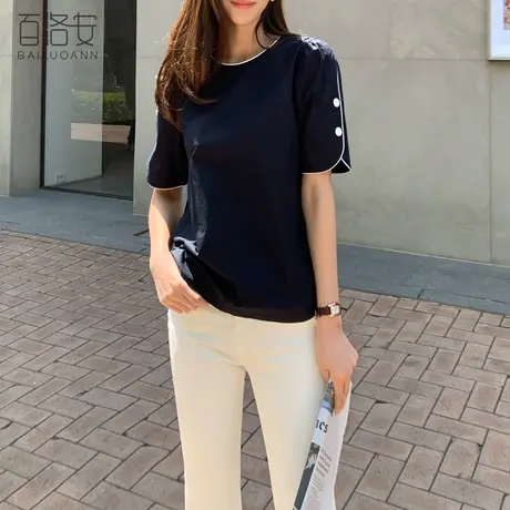 百洛安简约圆领衬衣夏装新款韩版设计感纽扣上衣女士大码短袖衬衫图片