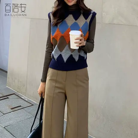 百洛安无袖菱格毛衣背心女秋装新款撞色圆领外穿打底套头针织马甲图片