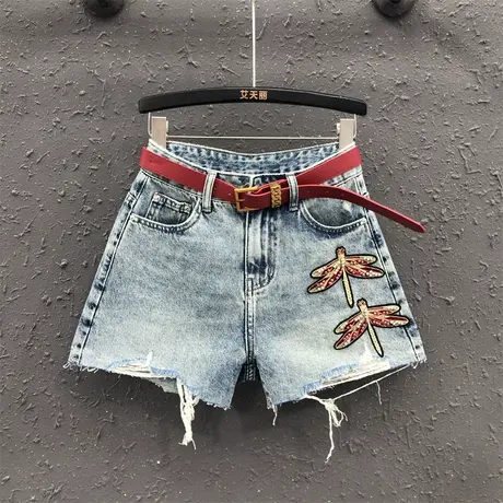 个性蜻蜓刺绣镶钻图案牛仔短裤女欧货夏季新款高腰毛边阔腿裤热裤商品大图