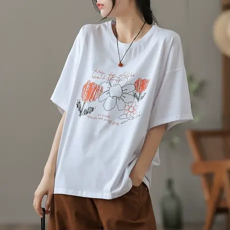 dza复古白色纯棉短袖t恤女士夏季薄款短上衣漂亮宽松打底圆领半袖商品大图