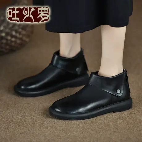 吐火罗2022年秋季新款简约时尚圆头短靴牛皮平底舒适百搭马丁靴女商品大图