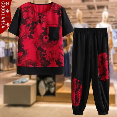 中老年妈妈夏装休闲套装洋气宽松时尚印花T恤上衣大码短袖两件套商品大图