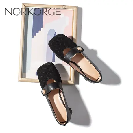 2023新款春秋复古学院黑色单鞋女鞋真皮方头粗跟温柔配裙子高跟鞋图片