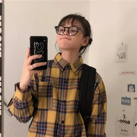 waitmore衬衣衬衫女2019秋装新款韩版复古格子学院风百搭宽松外套图片