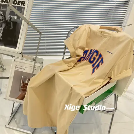 长款过膝懒人T恤裙女韩版字母印花开叉慵懒风宽松腰短袖连衣裙夏商品大图