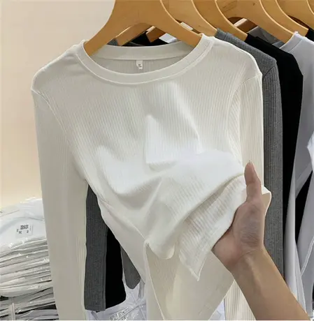 圆领打底衫女2022秋季新款韩版洋气内搭修身螺纹纯色长袖T恤上衣图片