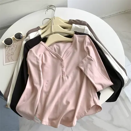 云朵软糯修身显瘦V领长袖打底衫女纯欲风内搭外穿气质短款上衣女商品大图