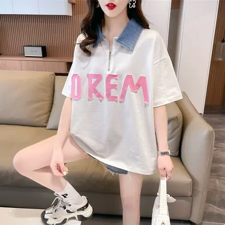 小众设计感短袖t恤女夏季韩版宽松大码女装中长款小个子翻领上衣图片