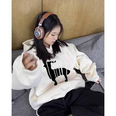 杏色连帽卫衣女春秋薄款小众设计感宽松慵懒风oversize外套上衣潮商品大图