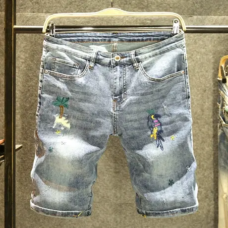 夏季薄款潮牌破洞牛仔短裤男时尚潮流刺绣五分裤韩版休闲弹力中裤商品大图