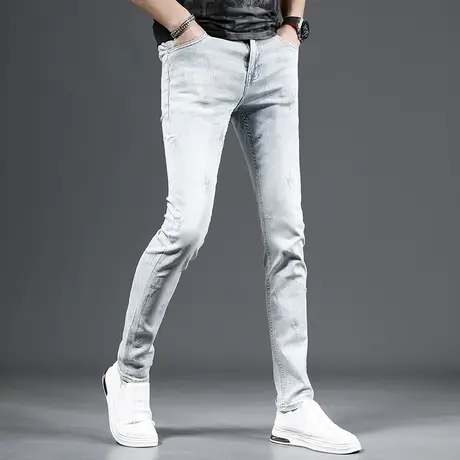 2023新款牛仔裤男夏季薄款浅色潮牌修身小脚弹力百搭男士潮流裤子商品大图