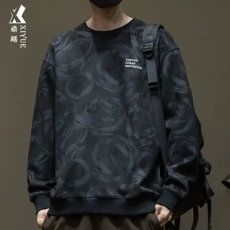 希越麂皮绒卫衣男340g美式重磅打底套头衫秋冬宽松大码潮ins衣服商品大图