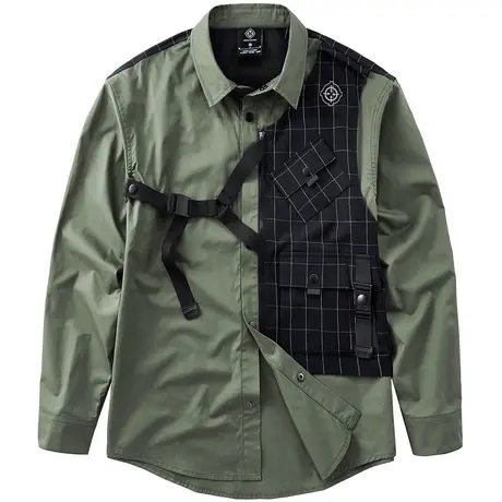 VIP秋季拼接长袖衬衫男士设计感工装衬衣假两件宽松机能外套潮牌商品大图