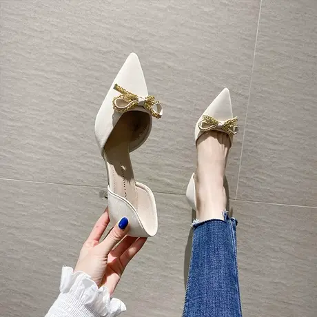 尖头单鞋女2023年新款夏季蝴蝶结软皮高跟鞋性感中空细跟包头凉鞋商品大图