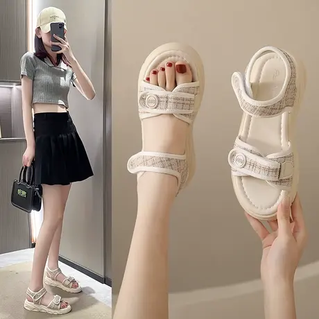 运动凉鞋女2023新款夏季小香风魔术贴外穿孕妇鞋网红时尚沙滩鞋子商品大图