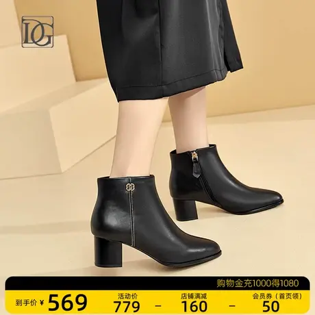 头层牛皮短靴女粗跟2023新款春秋单靴妈妈高跟靴子百搭真皮及踝靴商品大图