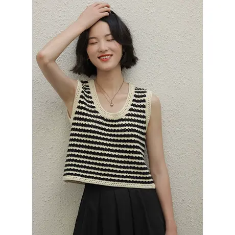 弥古无袖针织马甲外穿吊带背心短款法式条纹镂空上衣女内搭小坎肩图片
