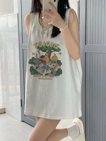 美式复古纯棉吊带运动坎肩背心无袖t恤女夏外穿宽松港风挂脖上衣图片