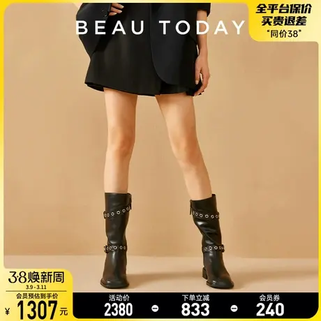 BeauToday骑士靴子女2024新款西部牛仔靴黑色靴子中筒靴女瘦瘦靴图片