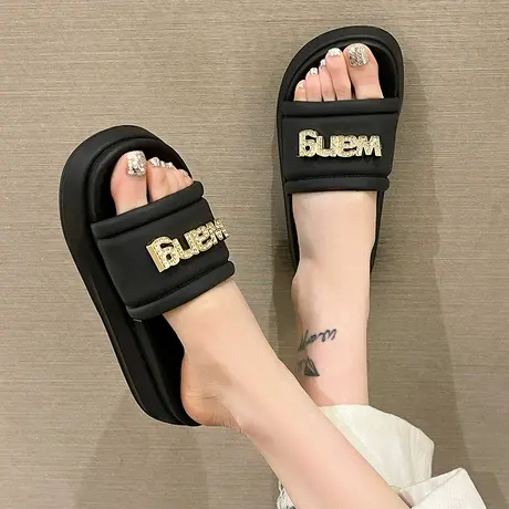 松糕凉拖鞋女夏季ins潮时尚字母水钻厚底增高沙滩外穿防滑一字拖商品大图