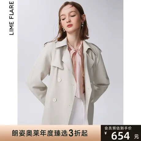 朗姿莱茵2023年新款经典翻领复古英伦风衣短外套双排扣收腰女图片