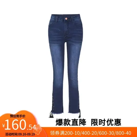【艾格】休闲牛仔裤女2023春季新款修身显瘦小心机编带装饰长裤商品大图