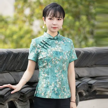 筠雅唐装女中国风夏季短袖改良中式盘扣上衣复古时尚年轻款茶服商品大图
