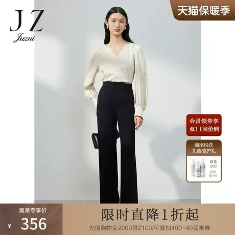 JZ玖姿直筒开衩休闲裤子女装2023春季新款小众棋牌格子裤黑色图片
