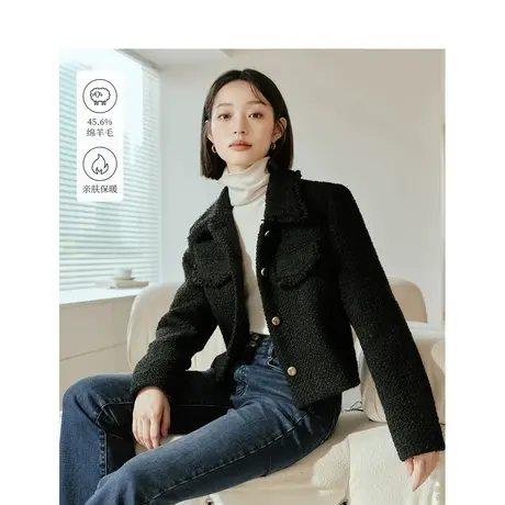 茵曼羊毛花呢小香风短外套2023冬季女装新款毛边翻领长袖显瘦上衣图片