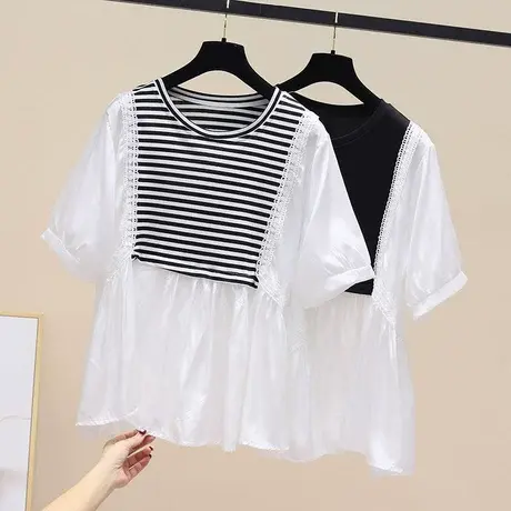 时尚镂空蕾丝拼色A字斗篷娃娃衫ins休闲大码套头衬衫女宽松衬衣潮图片