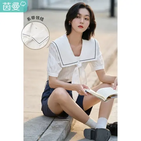 茵曼提花海军翻领衬衫女2022夏季新款泡泡袖系带领结宽松短袖衬衣商品大图