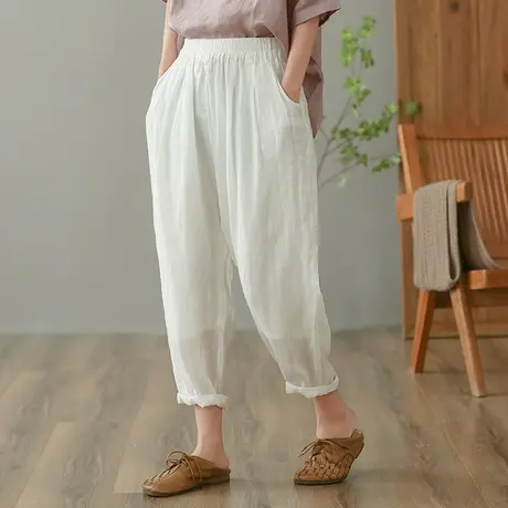 dza 高腰显瘦苎麻休闲裤女2023夏薄款九分裤直筒裤宽松棉麻哈伦裤图片