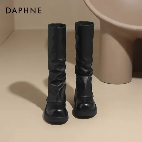 达芙妮黑色加绒长筒靴女款秋冬裤管靴厚底靴子女鞋冬季高筒骑士靴图片