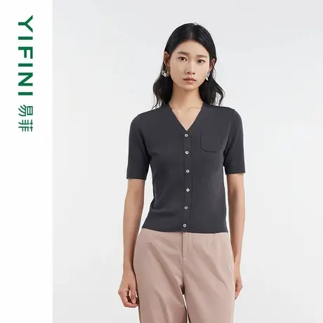 [专柜同款]Yifini/易菲假开襟V领套头凉感短袖修身针织衫Y04M1603商品大图