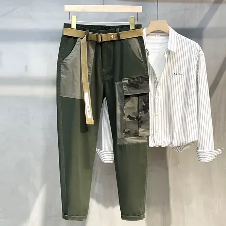 新款绿色小脚裤男秋季工装裤运动裤潮牌宽松日系男士休闲裤长裤子商品大图