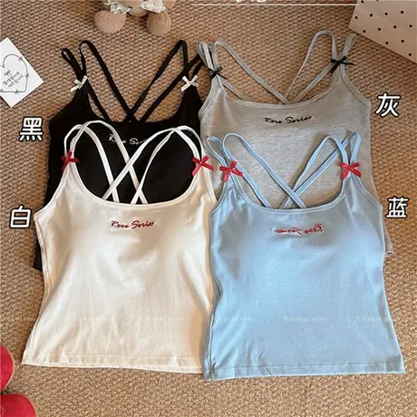 夏日绝美多巴胺穿搭甜妹蝴蝶结蓝色带胸垫吊带背心女外穿无袖上衣图片