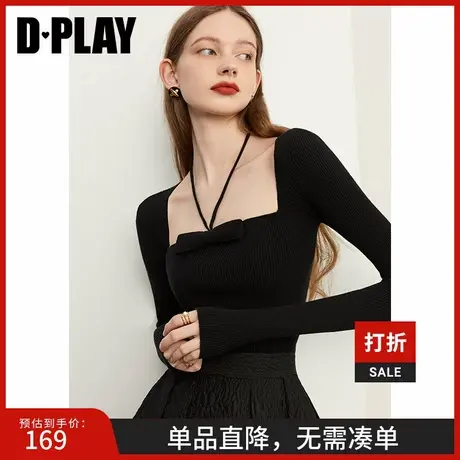 dplay新款复古设计性感黑色法式针织衫上衣方领上衣毛衣商品大图