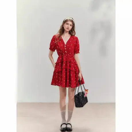 爵莱菲大码法式小众设计感红色碎花波点连衣裙女夏季流行超好看图片