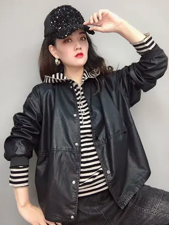 春季新款韩版宽松显瘦减龄棒球领皮衣单排扣开衫短皮衣洋气外套女商品大图