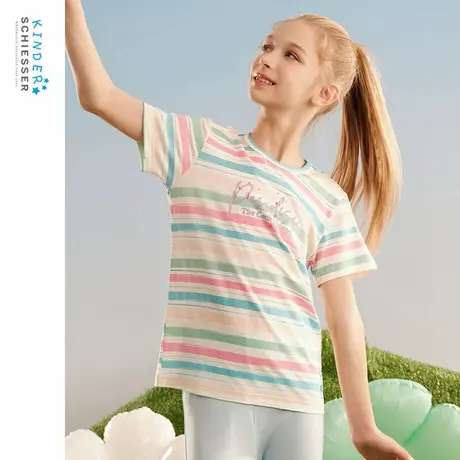 SCHIESSER舒雅中大童25年春夏新品女童莫代尔亲肤圆领条纹短袖T恤图片