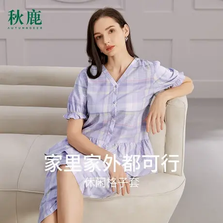 秋鹿简约格子纯棉家居服女春秋短袖七分裤薄款梭织棉夏季睡衣女款商品大图