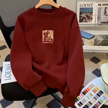 属兔本命年圆领卫衣女加绒秋冬国潮chic复古大码ins潮牌情侣上衣商品大图