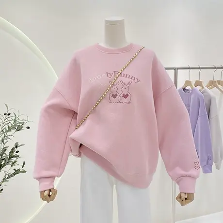 小兔子刺绣圆领卫衣女2023春秋新款减龄宽松显瘦休闲套头上衣外套商品大图