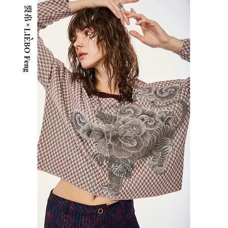 裂帛LIEBOFeng设计师品牌百搭千鸟格复古格纹刺绣长袖针织衫女商品大图