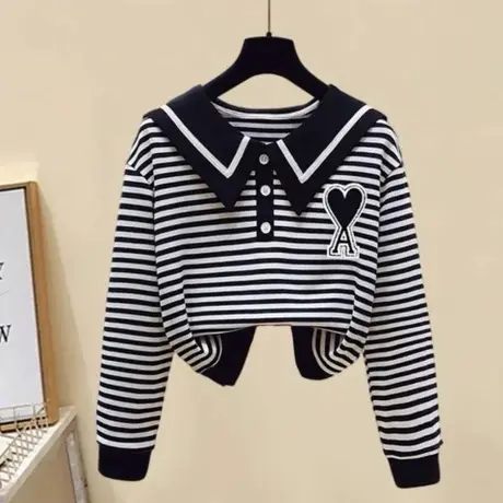 海军领撞色条纹卫衣女春秋季2023新款设计感宽松百搭套头长袖上衣图片