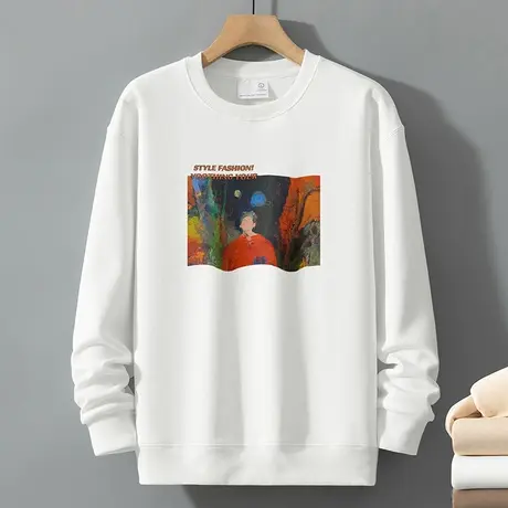 320g重磅男士卫衣2023新款圆领无帽加绒加厚白色长袖t恤潮流百搭商品大图